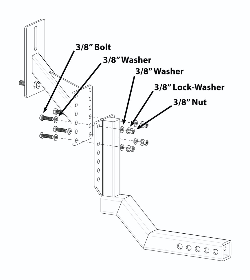 Diagram of the 3/8 inch bolt, washers, lock washer and nut used to join the plates