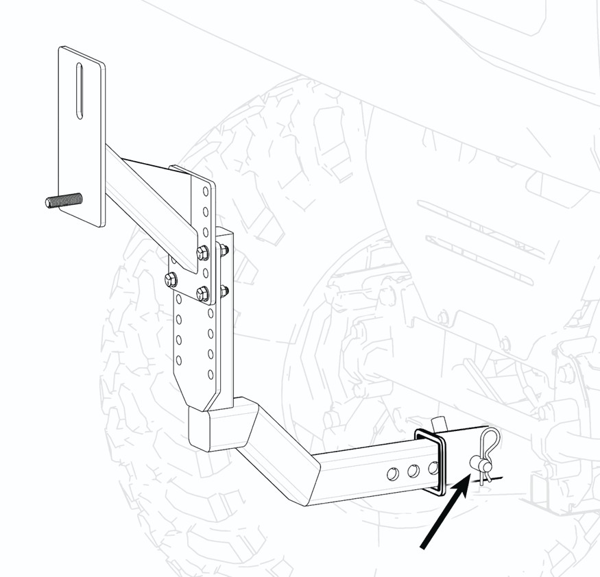 Diagram of the carrier inserted into the vehicle hitch receiver with the pin called out